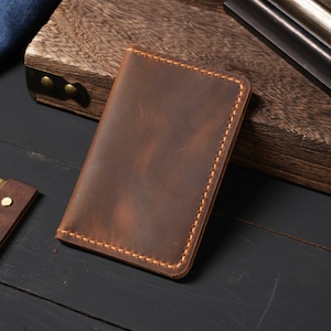 Cartera plegable de cuero minimalista personalizada - Cartera delgada de cuero desgastado de grano completo hecha a mano, regalo perfecto para el Día del Padre
