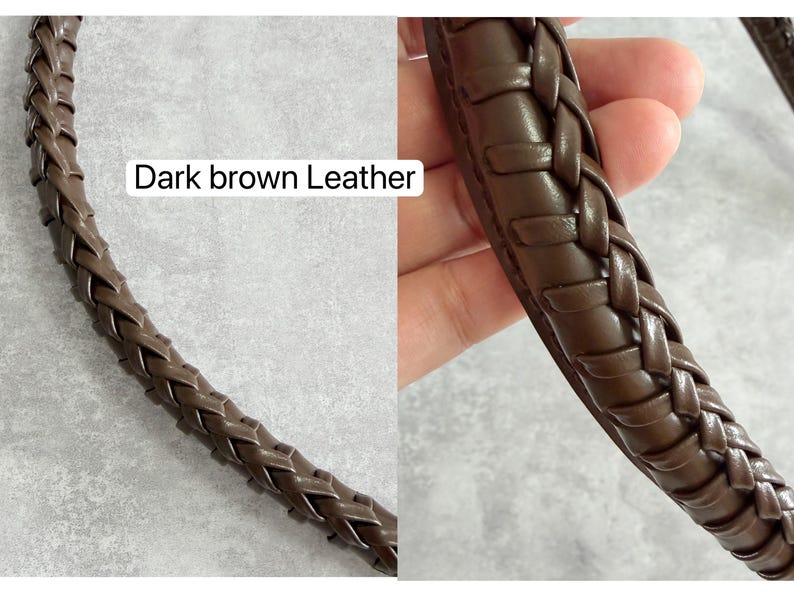 May include: Close-up of a dark brown leather strap with a braided design. The text "Dark brown Leather" is visible in the image. The leather appears smooth and the braid is tightly woven.