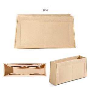May include: Beige felt handbag organiser with multiple compartments and a zipped pocket. The organiser is designed to fit inside a larger bag, providing structure and organisation. The word "BEIGE" is at the top of the image.