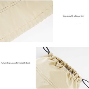 May include: Close-up of a beige drawstring bag with a black drawstring. The bag is made of a soft, smooth fabric and has a neat, straight, solid and firm construction. The text "Pull type design, one pull immediately closed" is visible in the image.