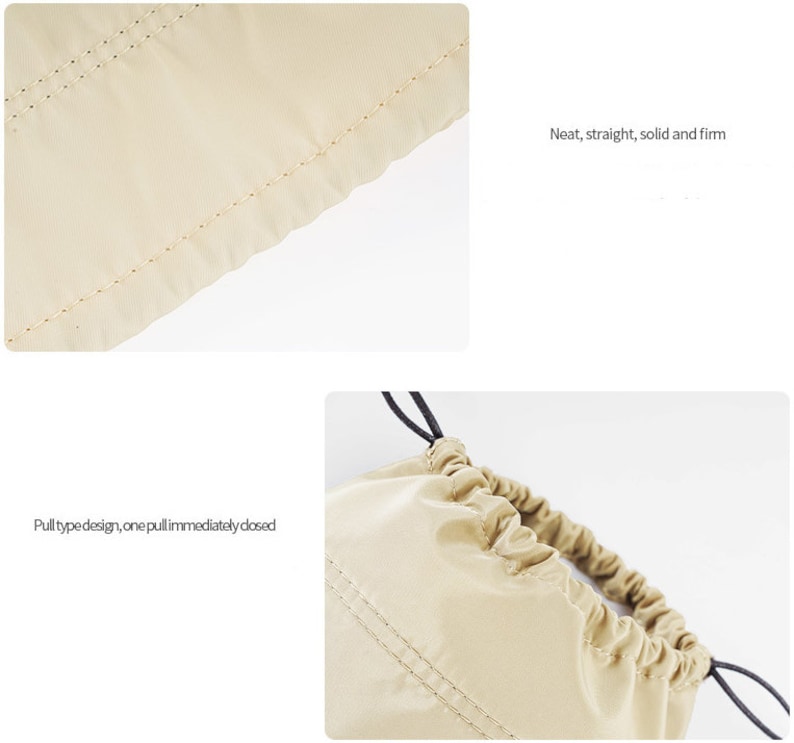 May include: Close-up of a beige drawstring bag with a black drawstring. The bag is made of a soft, smooth fabric and has a neat, straight, solid and firm construction. The text "Pull type design, one pull immediately closed" is visible in the image.