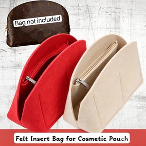 May include: Two felt insert bags for a cosmetic pouch, one in red and one in beige, each featuring a zippered top closure and internal compartments. A dark brown patterned cosmetic pouch is shown above with the text Bag not included.