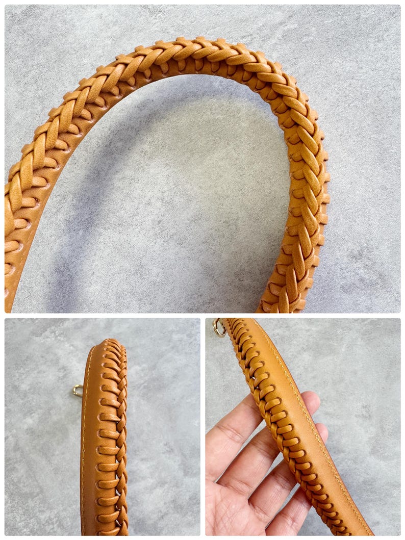 May include: Close-up of a tan leather handbag handle with a braided design. The handle is curved and appears sturdy. The leather has a smooth texture and a warm, natural colour. The handle is attached to the bag with gold-coloured hardware.