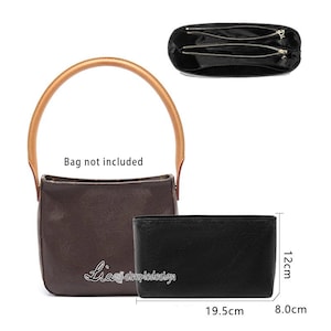 Puede incluir: Inserción de bolsa de cuero negro con tres compartimentos y cremalleras doradas. La inserción mide 19,5 cm por 8 cm por 12 cm. Bolsa no incluida.