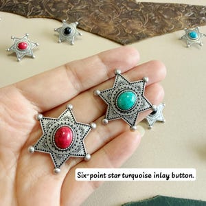 PACK of 10, Old silver Turquoise Six‑pointed Star Buttons, Ethnic Pattern Buttons Leather Studs, Hair Accessory Findings, M-438