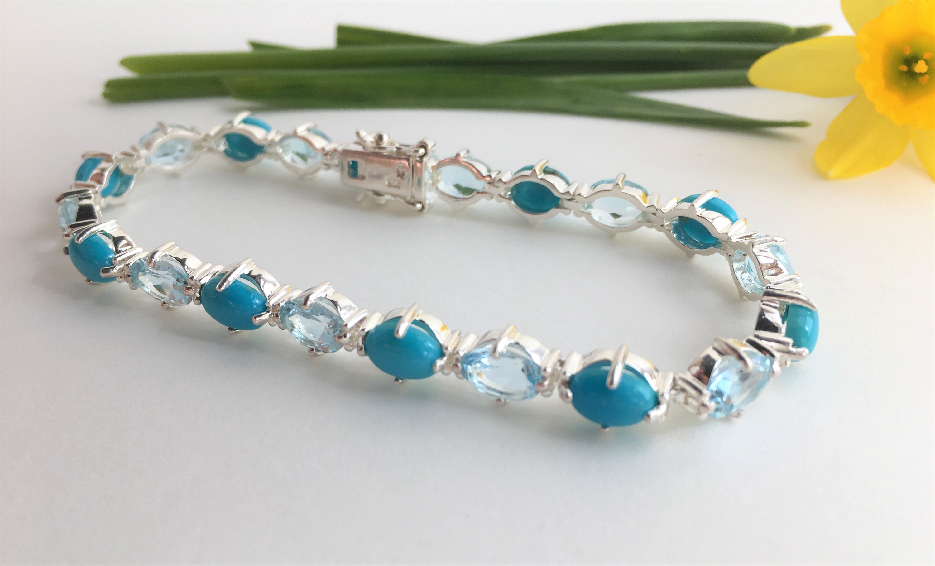 Classic Tennis Bracelet Oval Turquoise & Blue Topaz with 925 Etsy