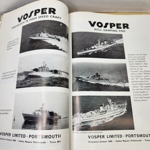 May include: A black and white photo of a ship with the text "VOSPER" in bold, white letters. The text "SPECIALISTS IN HIGH SPEED CRAFT" is below the company name. The photo shows a ship with a long, narrow hull and a pointed bow. The ship is in the water and there are waves behind it.