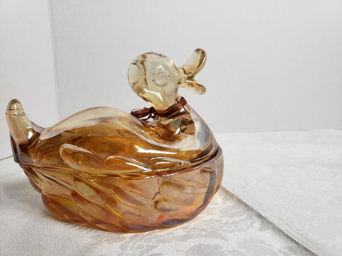 Carnival Marigold Glass Duck Covered Candy Dish Etsy