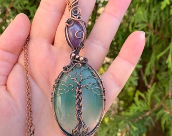 Tree of Life Pendant - Green Onyx and Amethyst in Antiqued Copper