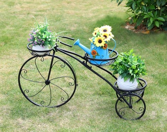 Black Wrought Iron Garden Tricycle Bicycle Bike Plant Stand 3 Tier and Basket Outdoor and Indoor Houseplant Gardening Annual Flowers Plants