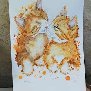 Carte "Couple de chats roux " aquarelle, amoureux chat, illustration chat, carte amitié bien être, chat printemps
