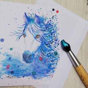 Carte cheval bleu à l'aquarelle