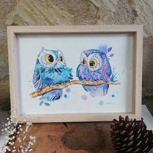 Póster A4 "Pareja de búhos" para enmarcar, regalo amante de los búhos, colección de búhos, regalo de aniversario, decoración habitación infantil
