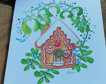 "Peperkoekhuis" kaart geïllustreerd in aquarel, kaart om aan te bieden, kinderkaart, vriendschapskaart, kaart om te planten, wenskaart, Kerstmis