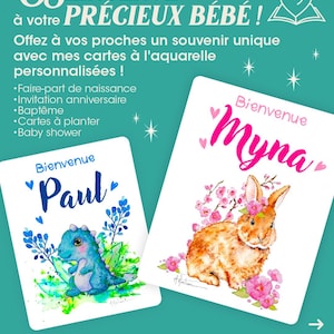 Faire part naissance personnalisé ,invitation baptême ,baby shower ,anniversaire,animaux aquarelle