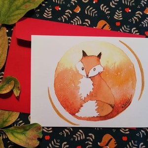 Carte renard à l’ Aquarelle,automne