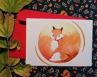 Carte renard à l’ Aquarelle,automne