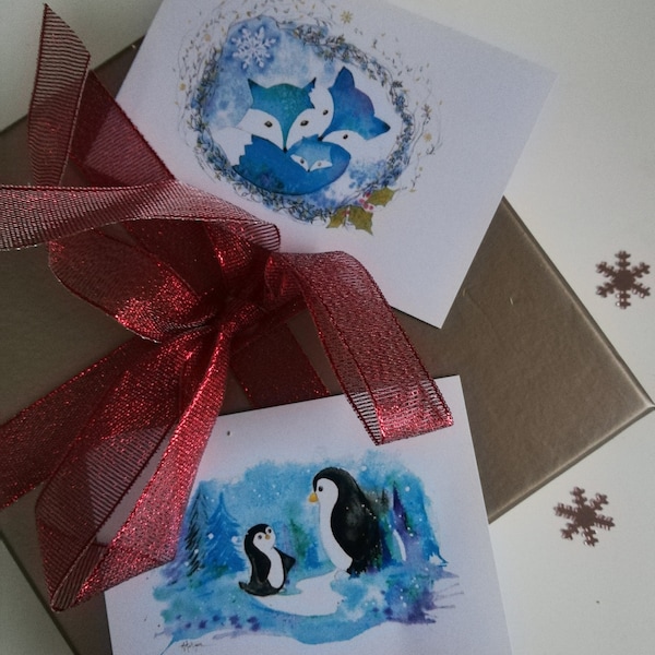 Lot de 2 petites cartes à glisser dans votre paquet, Noël, cartes cadeaux, pingouins, renards cadeau