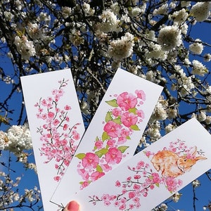 Lot de 3 marque pages, ou à l'unité "lapinou et fleurs de cerisiers " à l'aquarelle,cartonnés, cadeau lecteur,collection printemps