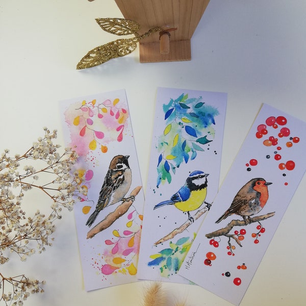 Lot de 3 marque pages Oiseaux, à l'aquarelle, cadeau lecteur, amoureux nature, cadeau amitié