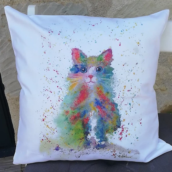 Coussin"Chat nuage"à l'aquarelle, cadeau amoureux chat, décoration chambre, déco chat, cadeau Noël