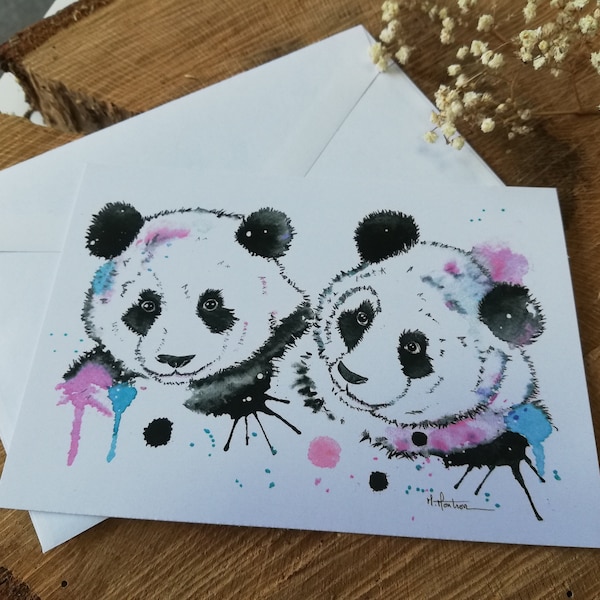 Carte aquarelle "Duo de Pandas géants", carte amitié, carte naissance, carte jumeaux, décoration chambre enfant, carte à encadrer