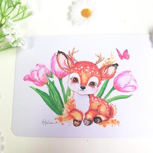 Carte "Faon et tulipes  " , carte printemps, amitié, amoureux nature