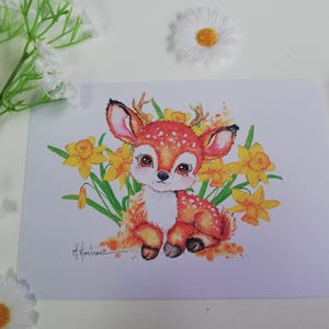 Carte "Faon et jonquilles " , carte printemps, amitié, amoureux nature