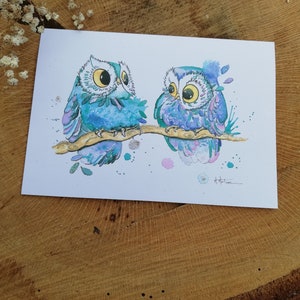 Carte "Couple de chouette" aquarelle, carte voeux  , carte amoureux chouettes, carte anniversaire, carte amitié
