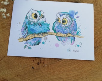 Aquarel "Owl Couple" kaart, wenskaart, uil liefhebbers kaart, verjaardagskaart, vriendschapskaart