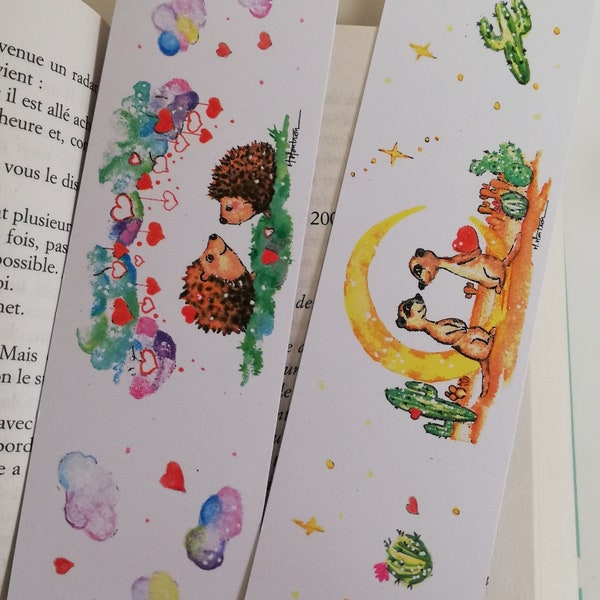 Set of 2 bookmarks, couple of animals in watercolor