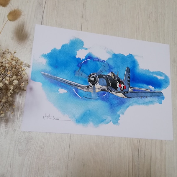 Poster "Avion F4U corsair" vintage in watercolor, reproduction A4