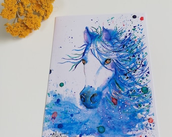 Carte cheval bleu en liberté, à l'aquarelle, cadeau amoureux chevaux