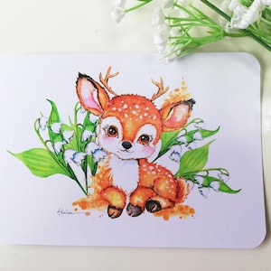 Carte "Faon et muguet  " , carte printemps, amitié, amoureux nature