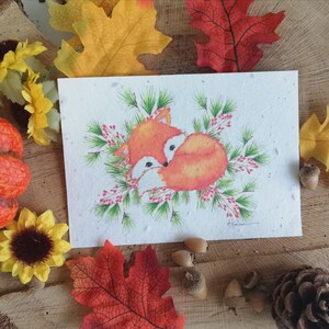 Carte renard lové dans le feuillage , à l’ Aquarelle,carte amoureux renard, invitation, à encadrer,faire-part, anniversaire,carte à planter