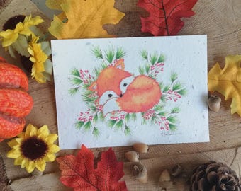 Carte renard lové dans le feuillage , à l’ Aquarelle,carte amoureux renard, invitation, à encadrer,faire-part, anniversaire,carte à planter