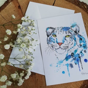 Carte "panthère des neiges, aquarelle , bioparc 49, amoureux félins, animaux sauvages
