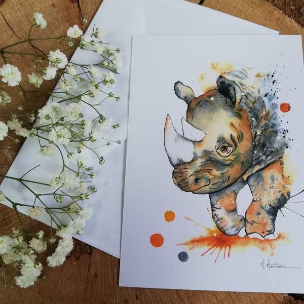 Watercolor "Rhinoceros" card, savannah animal collection, card to frame, biopark collection