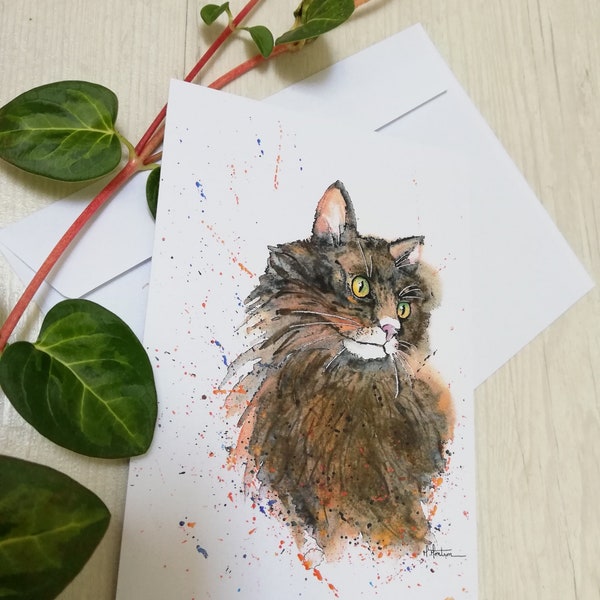 Carte "chat d'automne" à l'aquarelle