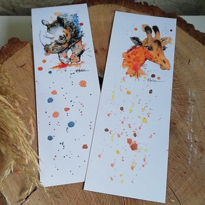 Lot de 2 marque pages "GIRAFE ET RHINOCEROS" à l'aquarelle,cartonnés, cadeau lecteur, cadeau collection bioparc , amoureux animaux savane