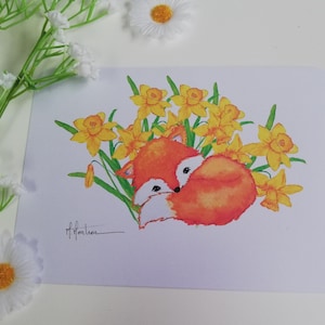 Carte "Renard et jonquilles " , carte printemps, amitié, amoureux nature, amoureux renard, collection printemps