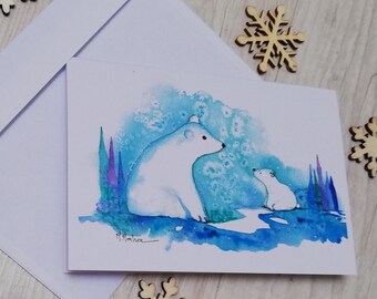 Carte illustrée à l'aquarelle, ours et son petit dans la neige, carte voeux, carte à encadrer, décoration enfant