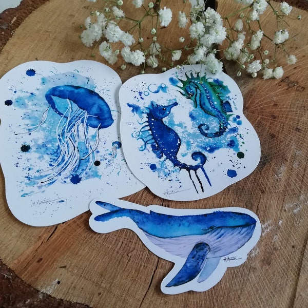 Lot de 3 Stickers, autocollants, "Méduse" "Baleine" et "Hippocampes" à l'aquarelle, collection animaux marins, bullet journal, scrapbooking