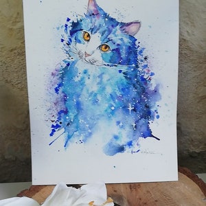 Carte "Chat bleu nuit " aquarelle, amoureux chat, illustration chat, carte amitié bien être,joli  chat