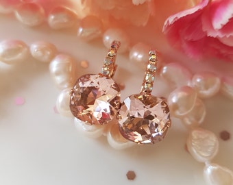 Beautiful Blush Pink Swarovski Earrings, Vintage Pink, Morganite colour, Rose Gold plated setting, Gift for her, Australian seller,