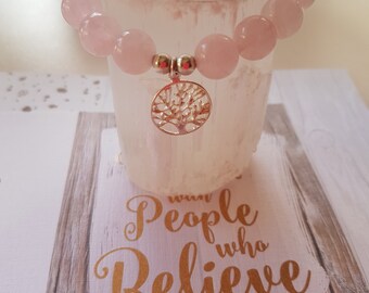 Rose Quartz gemstone bracelet with Divine 925 Sterling silver Tree of Life Charm