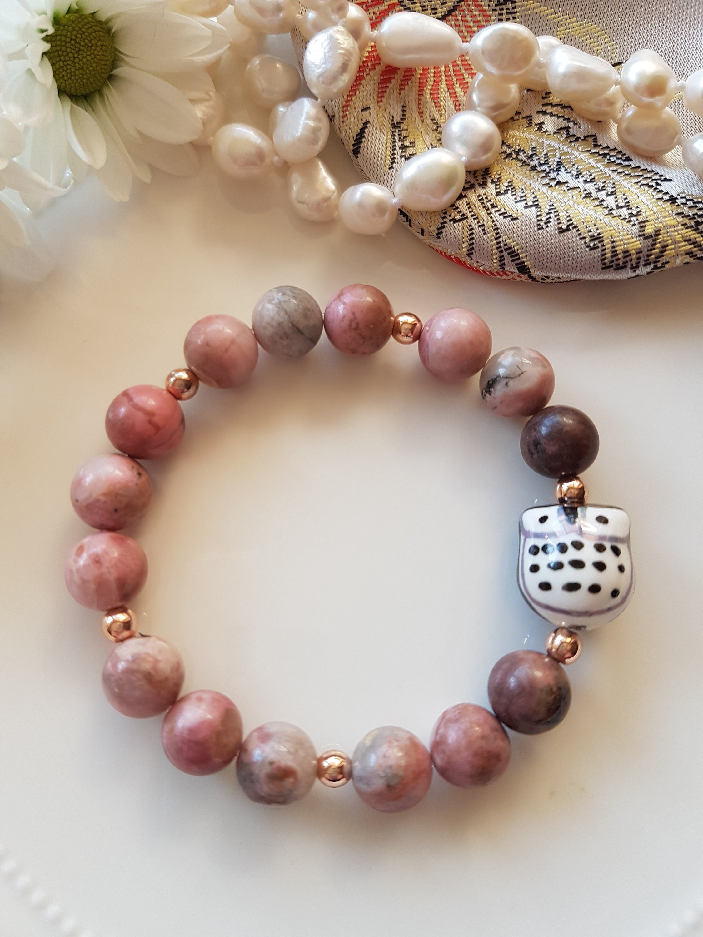 Rhodonite & Owl Gemstone Bracelet, Hoot Hoot ! Gift for Her, Australian Seller