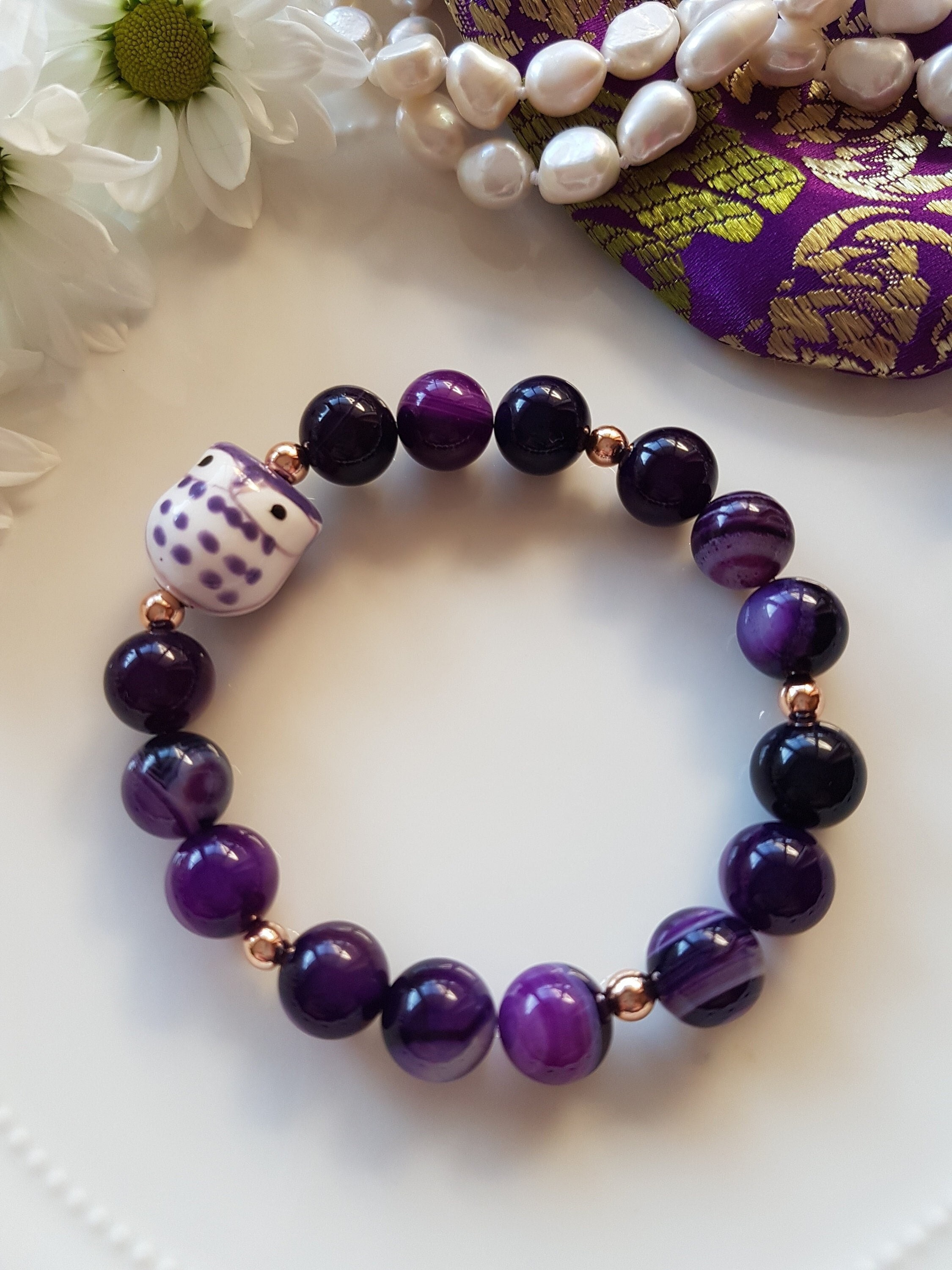Purple Banded Agate gemstone Bracelet, Owl Bracelet, Gift for her, Australian Seller
