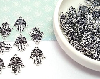 Jewish Hamsa Hand DIY Jewelry Making Supply. Silver Charms Large Hand Charm Flower Charms Large Hamsa Hand Pendant Charms 4 pc