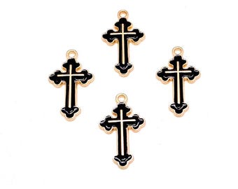 Enamel Cross Charms, Black & Gold, Cross Jewelry Pendants (25mm, 4 or 10 pieces)